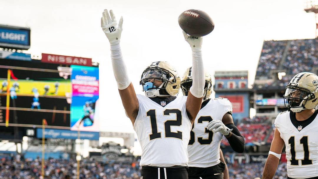 New Orleans Saints wide receiver Chris Olave (12) celebrates his touchdown against the Tennessee Titans during the third quarter at Nissan Stadium in Nashville, Tenn., Sunday, Dec. 28, 2025.