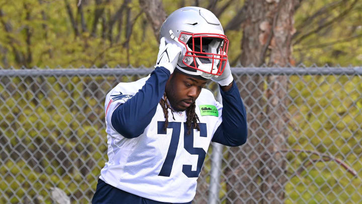 May 11, 2024; Foxborough, MA, USA; New England Patriots guard/center Ryan Johnson (75) arrives for practice at the New England Patriots rookie camp at Gillette Stadium.  Mandatory Credit: Eric Canha-USA TODAY Sports