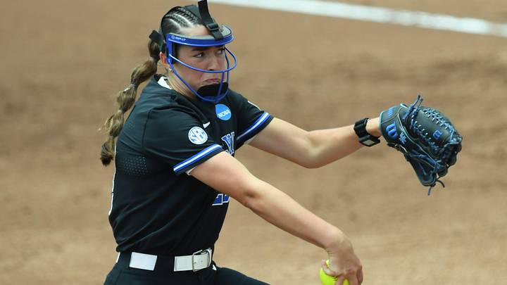 Kentucky freshman Carson Fall (23) pitches to Clemson during the top of the third inning of the NCAA Softball Clemson Regional at McWhorter Stadium in Clemson Sunday, May 18, 2025.