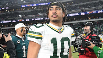 Jan 12, 2025; Philadelphia, Pennsylvania, USA; Green Bay Packers quarterback Jordan Love (10) reacts after the game against the Philadelphia Eagles in an NFC wild card game at Lincoln Financial Field. Mandatory Credit: Eric Hartline-Imagn Images