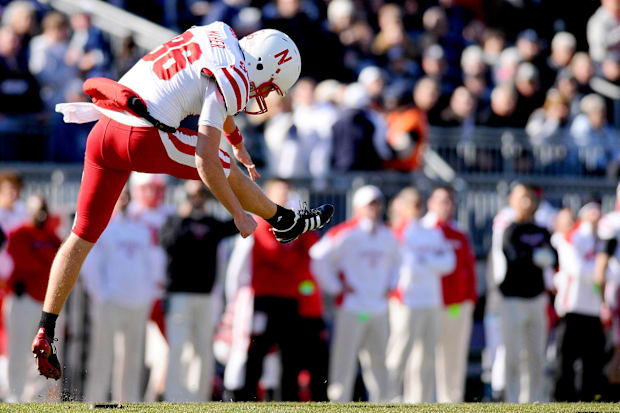 Nebraska Cornhuskers kicker Brett Maher (96) kicks off to start the game against the Penn State Nittany Lions.