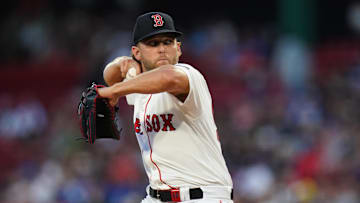 Aug 29, 2024; Boston, Massachusetts, USA; Boston Red Sox starting pitcher Kutter Crawford (50) throws a pitch against the Toronto Blue Jays in the first inning at Fenway Park. Mandatory Credit: David Butler II-Imagn Images