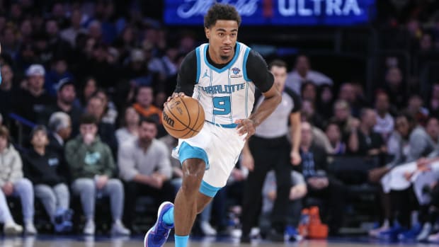 Charlotte Hornets guard Theo Maledon (9) brings the ball up court. Wendell Cruz-USA TODAY Sports