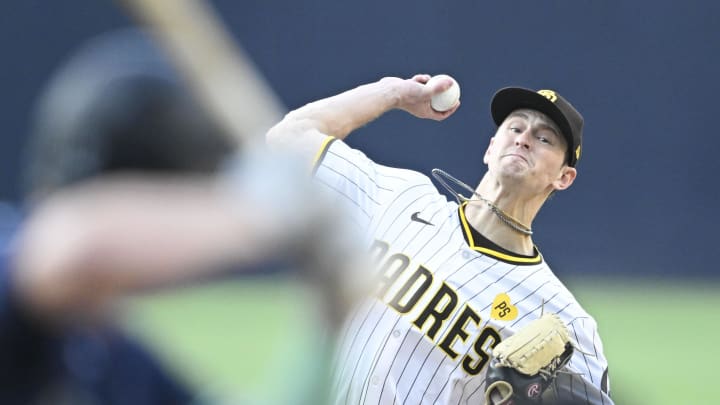 Jun 9, 2024; San Diego, California, USA; San Diego Padres starting pitcher Adam Mazur (36) pitches during the first inning against the Seattle Mariners at Petco Park. Mandatory Credit: Denis Poroy-USA TODAY Sports at Petco Park. 