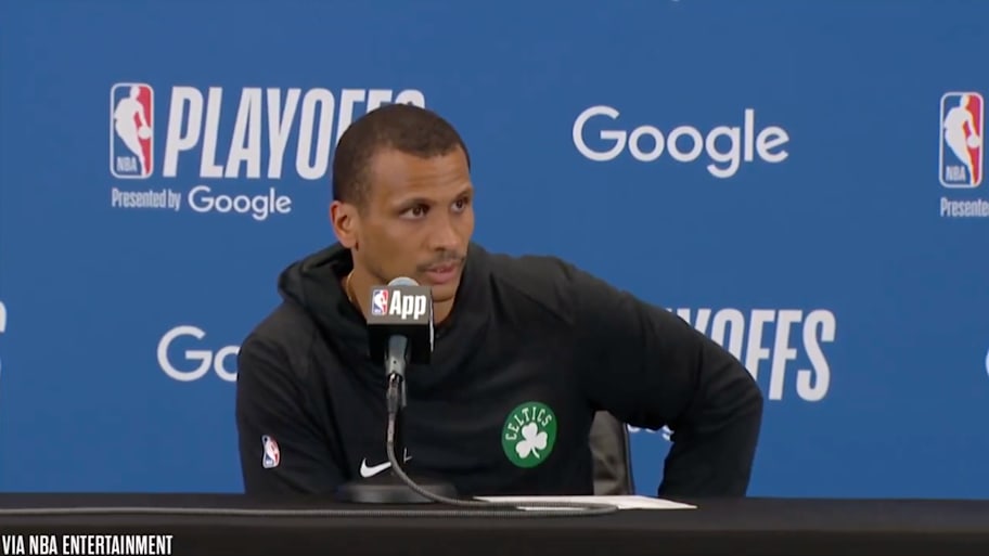 Celtics coach Mazzulla speaks to reporters after Boston's Game 5 win against the Knicks | Screengrab via NBA Entertainment / SNY TV (@sny_knicks) on X/Twitter