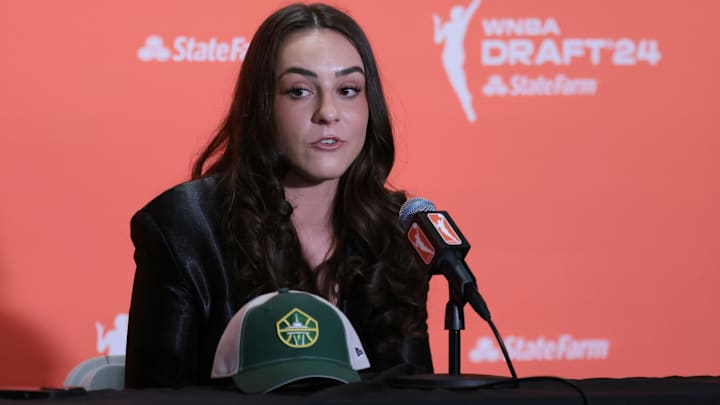 Nika Muhl speaks in an interview after she is selected with the number fourteen overall pick to the Seattle Storm.