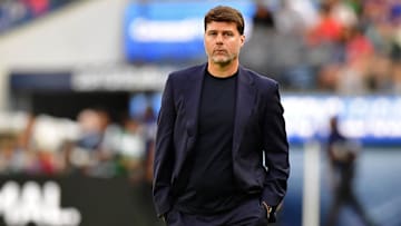 United States of America head coach Mauricio Pochettino walks off the field after the first half of a Concacaf Nations League semifinal match at SoFi Stadium.