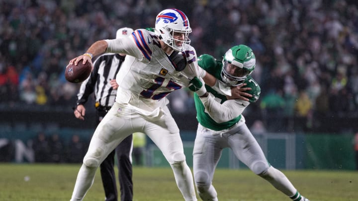 Nov 26, 2023; Philadelphia, Pennsylvania, USA; Philadelphia Eagles linebacker Haason Reddick (7) sacks Buffalo Bills quarterback Josh Allen (17) during the second quarter at Lincoln Financial Field. Mandatory Credit: Bill Streicher-USA TODAY Sports