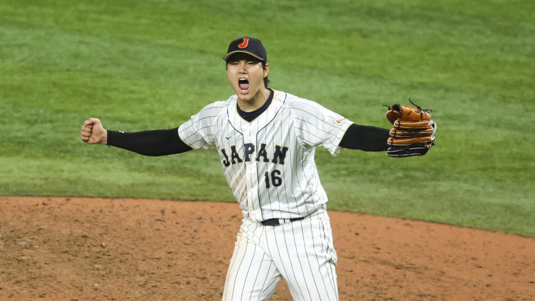 Ohtani celebrates after defeating the USA in the World Baseball Classic at LoanDepot Park.