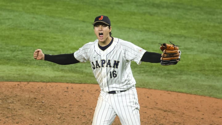 Ohtani celebrates after defeating the USA in the World Baseball Classic at LoanDepot Park.