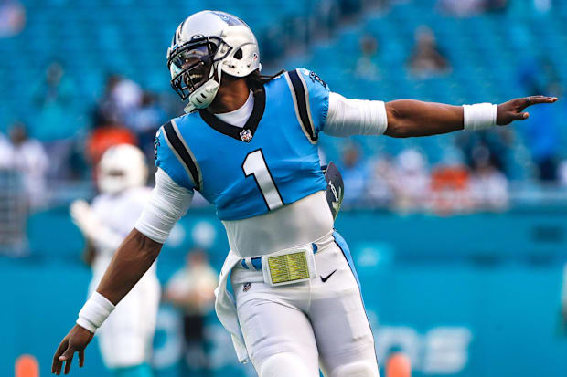 Carolina Panthers quarterback Cam Newton on the field prior to the game against the Miami Dolphins at Hard Rock Stadium.