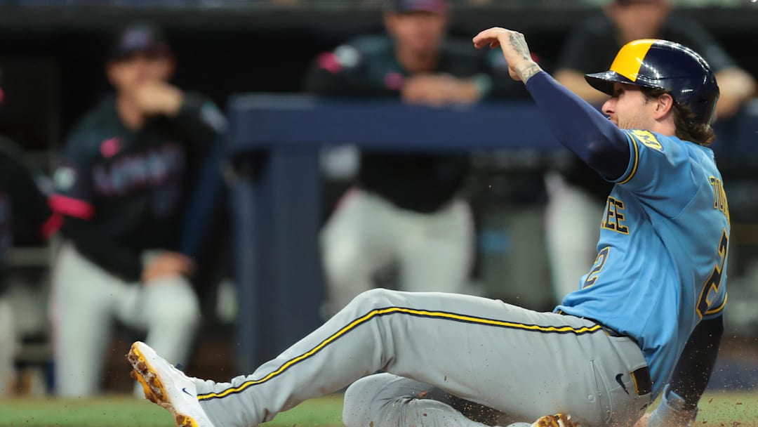 Apr 17, 2026; Miami, Florida, USA; Milwaukee Brewers second baseman Brice Turang (2) scores against the Miami Marlins during the tenth inning at loanDepot Park. Mandatory Credit: Sam Navarro-Imagn Images