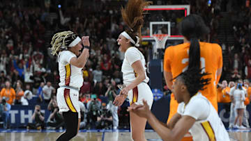 South Carolina basketball stars Kamilla Cardoso and Te-Hina Paopao celebrating after Cardoso's game-winning shot in the SEC Tournament