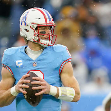 Tennessee Titans quarterback Will Levis (8) looks for a receiver during the first quarter against the Houston Texans at Nissan Stadium in Nashville, Tenn., Sunday, Jan. 5, 2025.