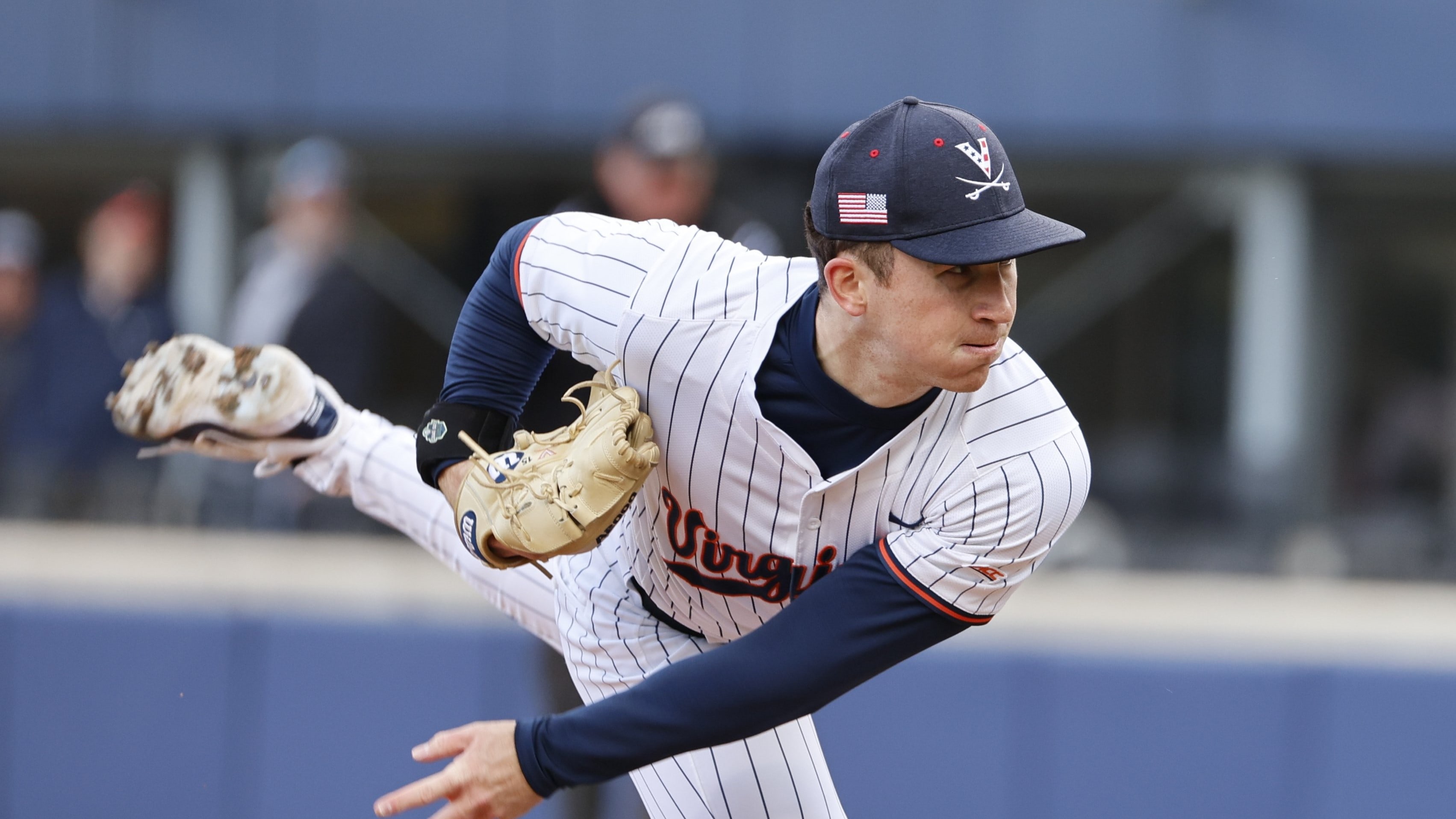 Evan Blanco delivers a pitch during the Virginia baseball game against North Carolina at Disharoon Park.