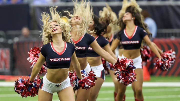 Aug 17, 2024; Houston, Texas, USA; Houston Texans cheerleaders perform before the Texans play against the New York Giants at NRG Stadium. 