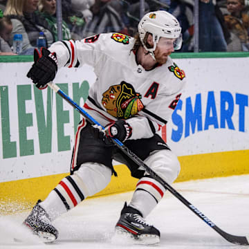 Feb 23, 2020; Dallas, Texas, USA; Chicago Blackhawks defenseman Duncan Keith (2) in action during the game between the Stars and the Blackhawks at the American Airlines Center. Mandatory Credit: Jerome Miron-Imagn Images