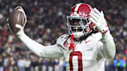 Nov 29, 2025; Auburn, Alabama, USA; Alabama Crimson Tide linebacker Deontae Lawson (0) reacts during the second half against the Auburn Tigers at Jordan-Hare Stadium. Mandatory Credit: John Reed-Imagn Images