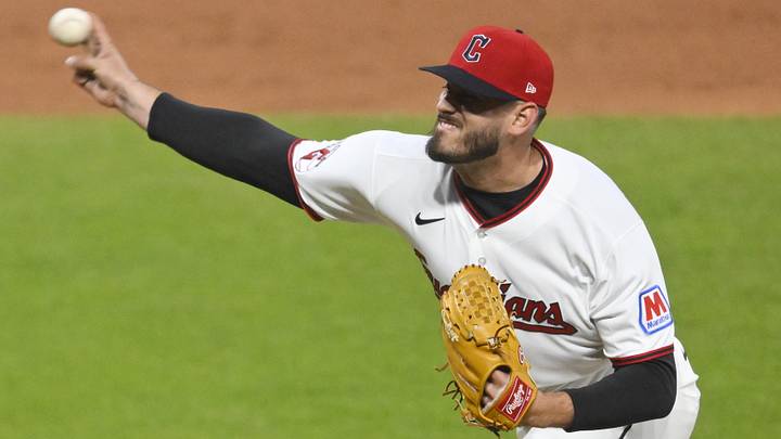 May 12, 2026: Cleveland Guardians relief pitcher Franco Aleman (55) delivers a pitch in the eighth inning against the Los Angeles Angels at Progressive Field. 