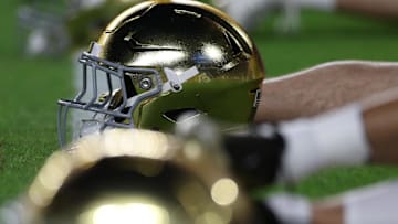 General view of Notre Dame Fighting Irish helmets before the game against the Penn State Nittany Lions