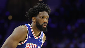 Oct 25, 2025; Philadelphia, Pennsylvania, USA; Philadelphia 76ers center Joel Embiid (21) controls the ball against the Charlotte Hornets during the first quarter at Xfinity Mobile Arena. Mandatory Credit: Bill Streicher-Imagn Images