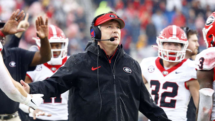 Nov 9, 2024; Oxford, Mississippi, USA; Georgia Bulldogs head coach Kirby Smart reacts after a touchdown during the first half against the Mississippi Rebels at Vaught-Hemingway Stadium. Mandatory Credit: Petre Thomas-Imagn Images Nov 9, 2024; Oxford, Mississippi, USA; Georgia Bulldogs head coach Kirby Smart reacts after a touchdown during the first half against the Mississippi Rebels at Vaught-Hemingway Stadium. Mandatory Credit: Petre Thomas-Imagn Images