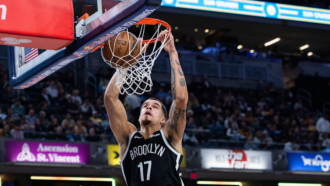 Nov 5, 2025; Indianapolis, Indiana, USA; Brooklyn Nets forward Michael Porter Jr. (17) shoots the ball in the second half against the Indiana Pacers at Gainbridge Fieldhouse. Mandatory Credit: Trevor Ruszkowski-Imagn Images