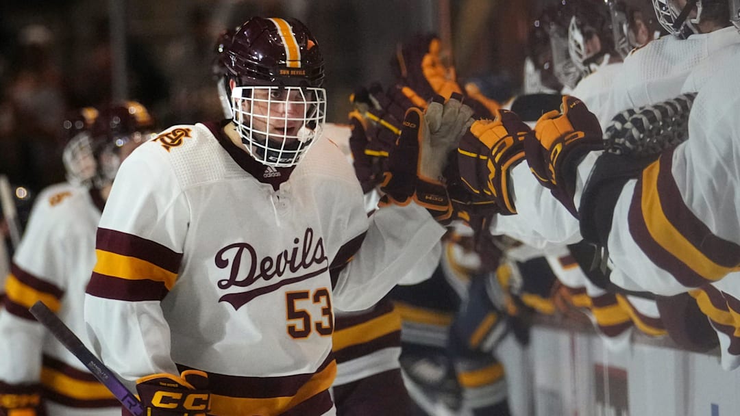 ASU Sun Devils forward Ryan Alexander (53) celebrates his goal against the Augustana Vikings at Mullett Arena in Tempe on Jan. 19, 2024.