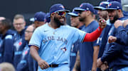 Apr 4, 2025; New York City, New York, USA; Toronto Blue Jays first baseman Vladimir Guerrero Jr. (27) is introduced before the New York Mets home opener at Citi Field. Mandatory Credit: Brad Penner-Imagn Images