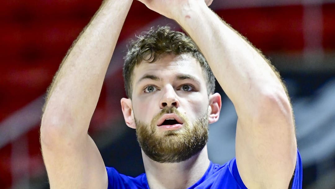 Feb 15, 2025; Salt Lake City, Utah, USA; Kansas Jayhawks center Hunter Dickinson (1) warms up before the game against the Utah Utes at the Jon M. Huntsman Center. Mandatory Credit: Christopher Creveling-Imagn Images