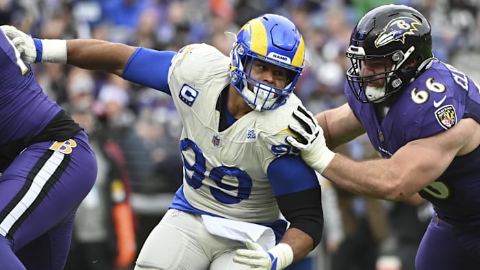 Jan 2, 2022; Baltimore, Maryland, USA;  Los Angeles Rams defensive end Aaron Donald (99) rushes