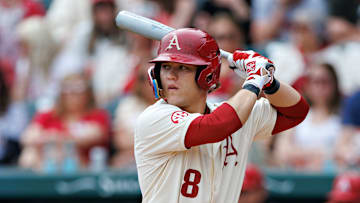 Arkansas Razorback first baseman Cam Kozeal stands at the plate at Baum-Walker Stadium in Fayetteville