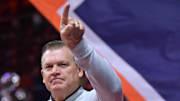 Nov 23, 2024; Champaign, Illinois, USA;  Illinois Fighting Illini head coach Brad Underwood during the first half against the Maryland-Eastern Shore Hawks at State Farm Center. Mandatory Credit: Ron Johnson-Imagn Images