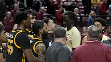 Jan 15, 2025; Tallahassee, Florida, USA; Florida State Seminoles and Pittsburgh Panthers players react after the game at Donald L. Tucker Center. Mandatory Credit: Melina Myers-Imagn Images