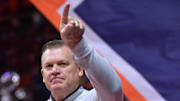 Nov 23, 2024; Champaign, Illinois, USA;  Illinois Fighting Illini head coach Brad Underwood during the first half against the Maryland-Eastern Shore Hawks at State Farm Center. Mandatory Credit: Ron Johnson-Imagn Images