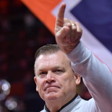 Nov 23, 2024; Champaign, Illinois, USA;  Illinois Fighting Illini head coach Brad Underwood during the first half against the Maryland-Eastern Shore Hawks at State Farm Center. Mandatory Credit: Ron Johnson-Imagn Images