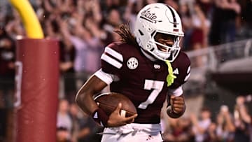 Aug 31, 2024; Starkville, Mississippi, USA;Mississippi State Bulldogs wide receiver Mario Craver (7) reacts after recovering a blocked punt for a touchdown against the Eastern Kentucky Colonels during the fourth quarter at Davis Wade Stadium at Scott Field. Mandatory Credit: Matt Bush-Imagn Images