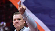 Nov 23, 2024; Champaign, Illinois, USA;  Illinois Fighting Illini head coach Brad Underwood during the first half against the Maryland-Eastern Shore Hawks at State Farm Center. Mandatory Credit: Ron Johnson-Imagn Images