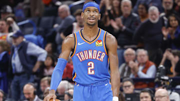 Dec 31, 2024; Oklahoma City, Oklahoma, USA; Oklahoma City Thunder guard Shai Gilgeous-Alexander (2) smiles as he watches the final second expire of a game against the Minnesota Timberwolves at Paycom Center. Mandatory Credit: Alonzo Adams-Imagn Images