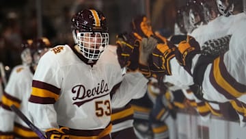 ASU Sun Devils forward Ryan Alexander (53) celebrates his goal against the Augustana Vikings at Mullett Arena in Tempe on Jan. 19, 2024.