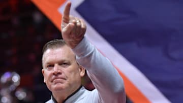 Nov 23, 2024; Champaign, Illinois, USA;  Illinois Fighting Illini head coach Brad Underwood during the first half against the Maryland-Eastern Shore Hawks at State Farm Center. Mandatory Credit: Ron Johnson-Imagn Images