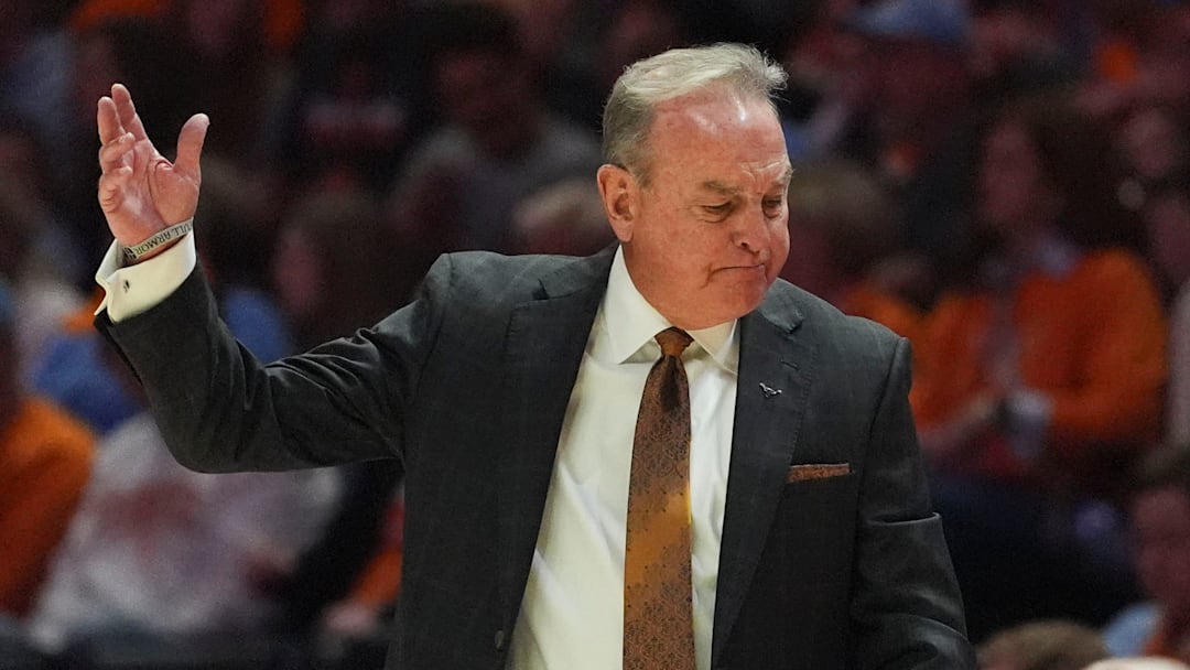 Texas basketball coach Vic Schaefer shows his frustration after a call during an NCAA college basketball game against Tennessee on Feb. 15, 2026, in Knoxville, Tennessee.