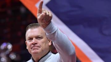 Nov 23, 2024; Champaign, Illinois, USA;  Illinois Fighting Illini head coach Brad Underwood during the first half against the Maryland-Eastern Shore Hawks at State Farm Center. Mandatory Credit: Ron Johnson-Imagn Images