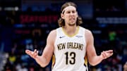 Feb 25, 2025; New Orleans, Louisiana, USA; New Orleans Pelicans forward Kelly Olynyk (13) reacts to a call during the second half against the San Antonio Spurs at Smoothie King Center.