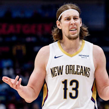 Feb 25, 2025; New Orleans, Louisiana, USA; New Orleans Pelicans forward Kelly Olynyk (13) reacts to a call during the second half against the San Antonio Spurs at Smoothie King Center.
