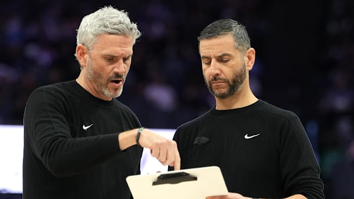Apr 3, 2026; Sacramento, California, USA; New Orleans Pelicans assistant coach Casey Hill (left) and interim head coach James Borrego (right) talk during the fourth quarter against the Sacramento Kings at Golden 1 Center. Mandatory Credit: Darren Yamashita-Imagn Images