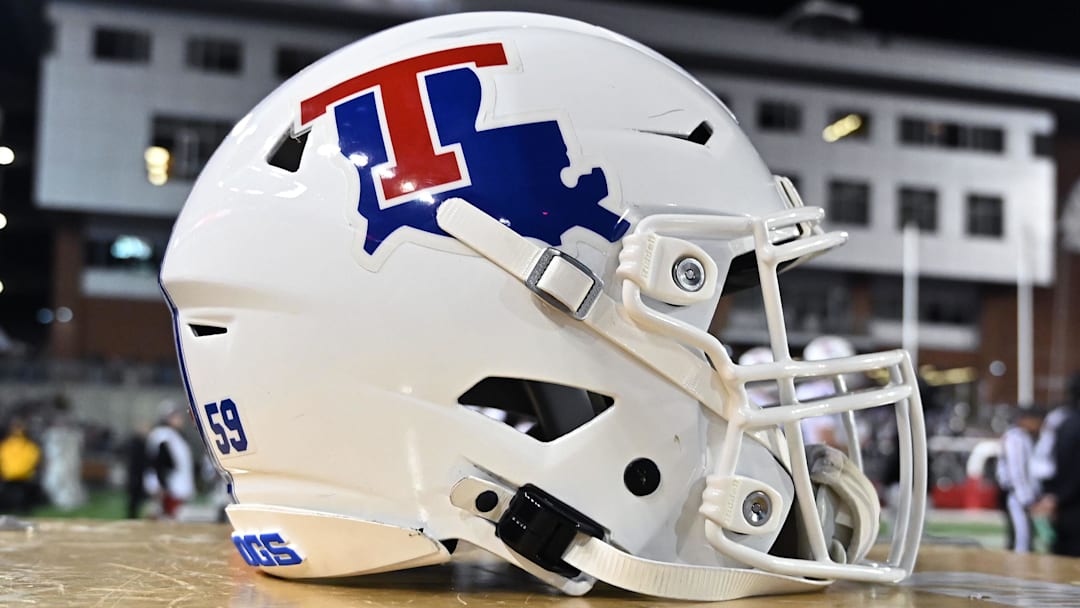 Nov 15, 2025; Pullman, Washington, USA; Louisiana Tech Bulldogs helmet sits during a game against the Washington State Cougars in the first half at Gesa Field at Martin Stadium. Mandatory Credit: James Snook-Imagn Images
