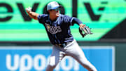Tampa Bay Rays shortstop Ha-Seong Kim (7) throws the ball to first base to get out Minnesota Twins center fielder Byron Buxton (25) during the first inning at Target Field. 