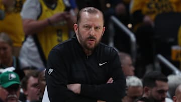 May 27, 2025; Indianapolis, Indiana, USA; New York Knicks head coach Tom Thibodeau watches play downcourt during the second quarter against the Indiana Pacers of game four of the eastern conference finals for the 2025 NBA Playoffs at Gainbridge Fieldhouse. Mandatory Credit: Trevor Ruszkowski-Imagn Images