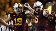 Oct 11, 2025; Minneapolis, Minnesota, USA; Minnesota Golden Gophers quarterback Drake Lindsey (5) celebrates against the Purdue Boilermakers during the second half at Huntington Bank Stadium. Mandatory Credit: Matt Krohn-Imagn Images